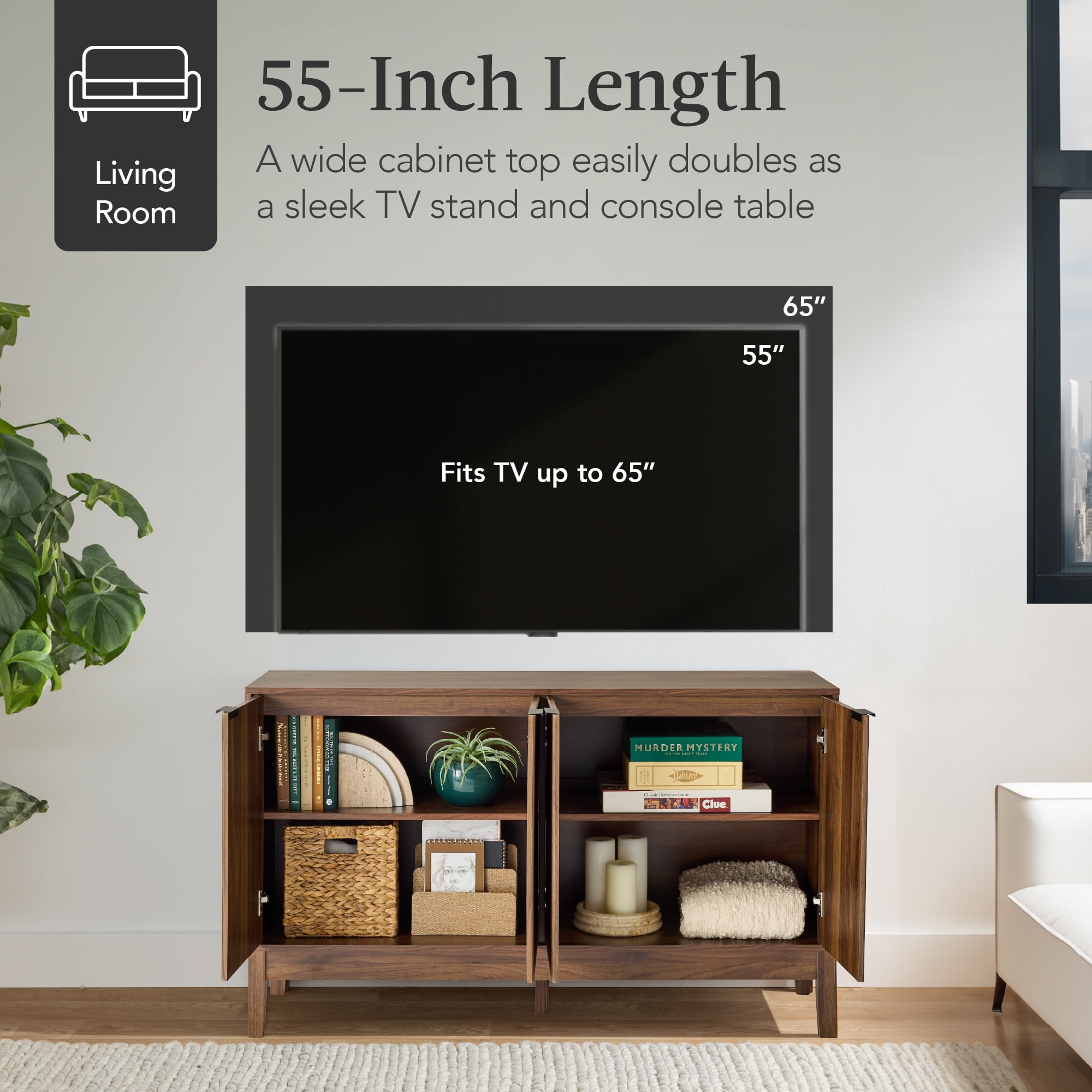Best Choice Products 4-Door Reeded Storage Cabinet w/ Soft-Close Doors, Multipurpose Accent Furniture - Walnut