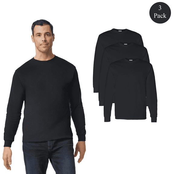 Gildan Heavy Cotton Long Sleeve T-Shirt for Men, Crew Neck Classic Fit Bulk Tee, Black, 3 Pack, S