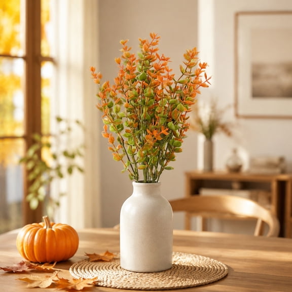 Artificial Fall Fern Stems, Faux Leaf Picks, Orange Rust Red Plastic Branches for Thanksgiving Floral Arrangement Vase Filler