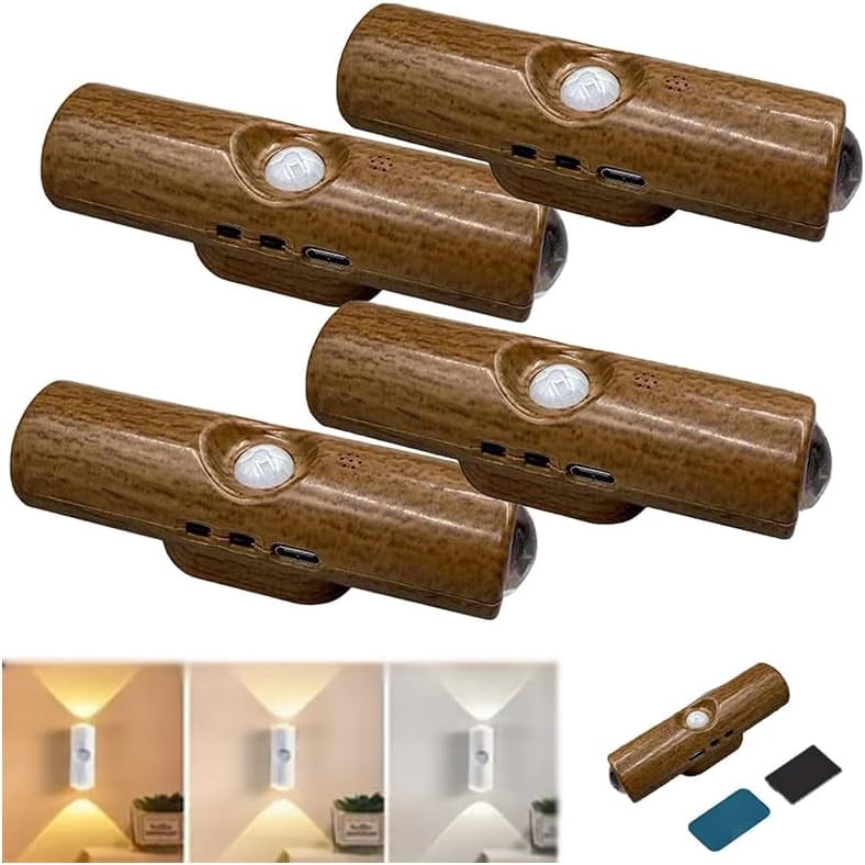 Rechargeable Smart LED Motion Sensor Ambient Light, RGB Color Changing Wireless Lamp with Magnetic Mount, Punch-Free Night Lighting for Stairs, Closet, Cabinet & Bedroom (6, False Walnut Wood)