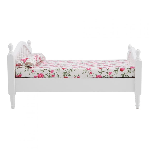 Tebru Mini Bed, Mini Double Bed, Dollhouse Accessories Flower Pattern Mini Furniture Double Bed for 1/12 Scale Doll