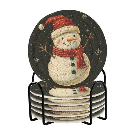 

WOBOGO Snowman Wearing Red Hat on Black Background Coil Coasters Set of 6 Minimalist Cotton Woven 3.94 inch Non-Slip Insulated and Absorbent Home Accessories.