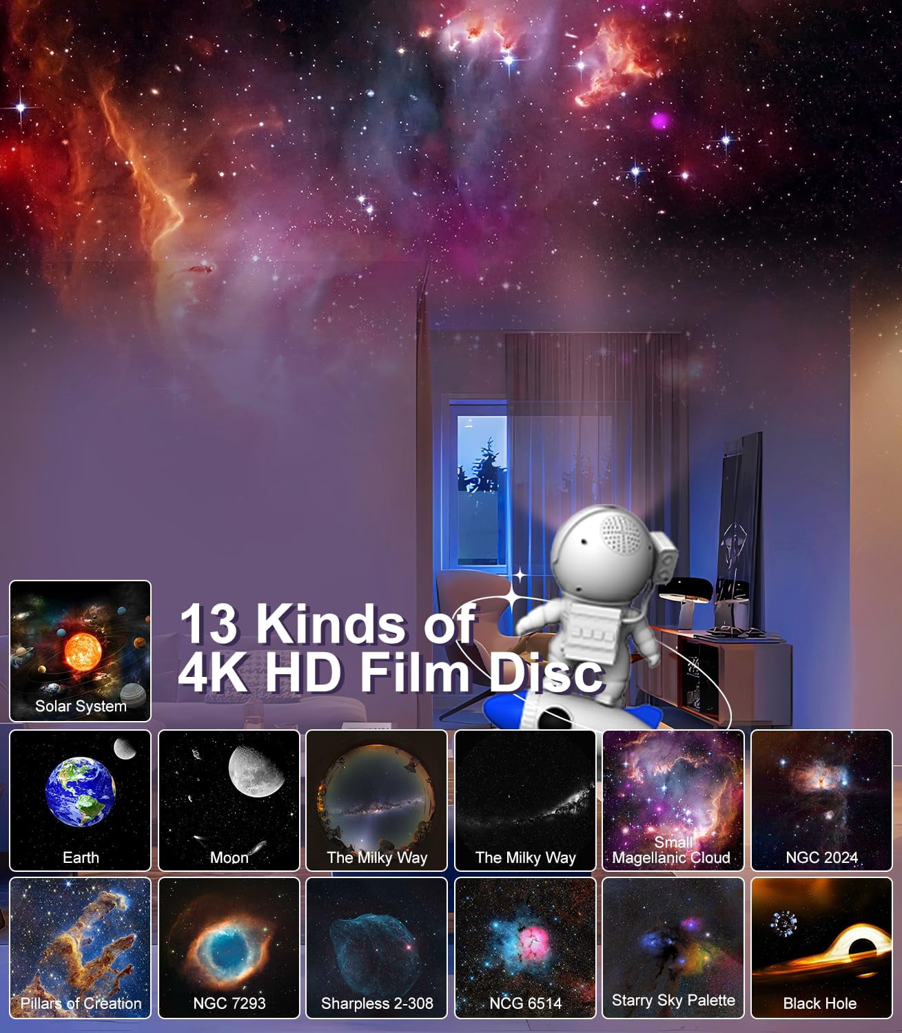 Aukfa Astronaut Galaxy Projector 13-in-1 Ultra Clear Planetarium Star Projector with Rocket Night Light for Kids & Adults, Bedroom Ceiling Space Decor