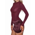 thumbnail image 2 of Women'S Patchwork Bodycon Sleeve Ruched Bodycon Work Mini Dress Wine Red L, 2 of 9