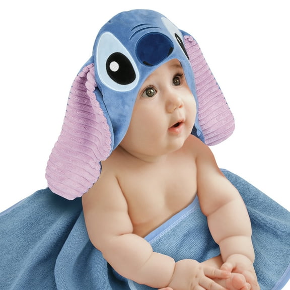 Lambs & Ivy Disney Stitch Luxury Blue Cotton Terry Hooded Baby Bath Towel