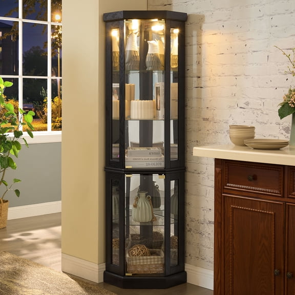 CQSXDA Black Corner Curio Cabinet with Lights for Living Rooms to Showcase Antiques and Bar Glassware