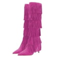 thumbnail image 2 of YDN Women Layer Tassel Pointed Toe Moccasin Boots Knee High Stiletto Mid Heels Western Themed Party Dress Shoes Size 8.5 Hot Pink, 2 of 4