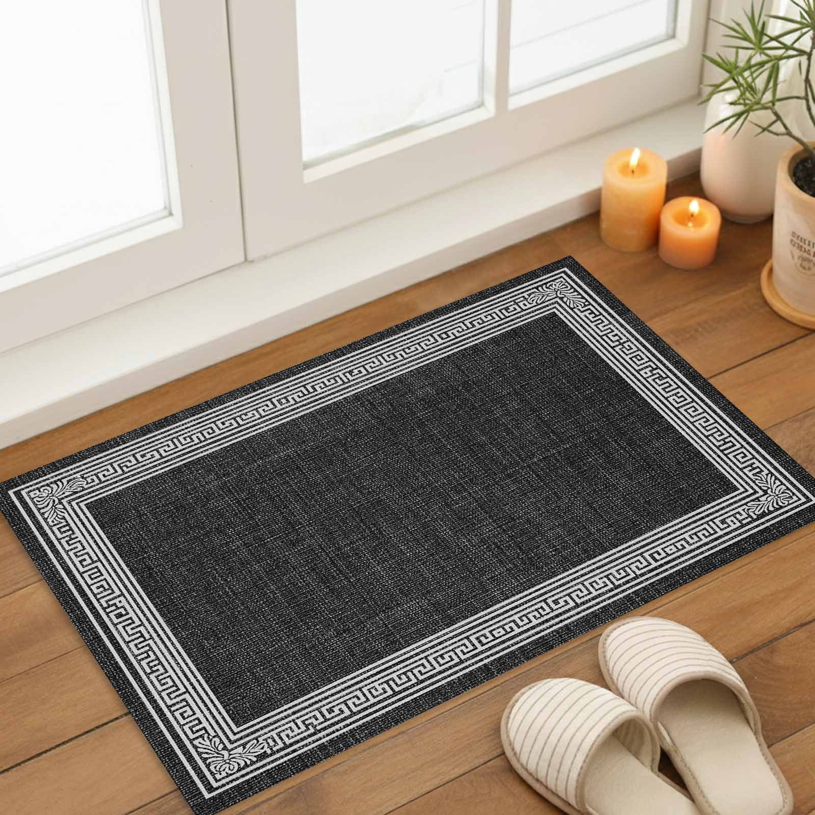 Black Geometric Indoor Door Mat - 20"x31.5", Non-Slip Welcome Mat for Outdoor, White Greek Key Design Burlap Modern Art Front Doormat for Entry, Low-Profile Doormat Entrance Rug for Kitchen/Bathroom