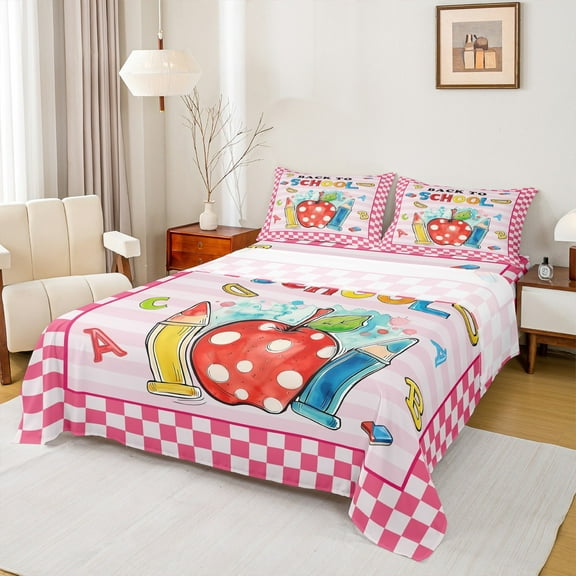 Manfei Girly Pink Cartoon Twin Sheet Sets for Teen, Cute Initial Letter Twin Fitted Sheet, Cartoon Pencil Flat Sheet, Microfiber Bedroom Decor, 3 Pieces