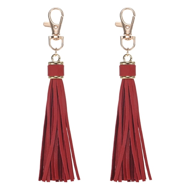 Uxcell 2-Pack Borlas de Cuero PU de 5.9 Pulgadas Pequeñas para Llaveros Rojo Vino con Anillos para Manualidades de Bricolaje