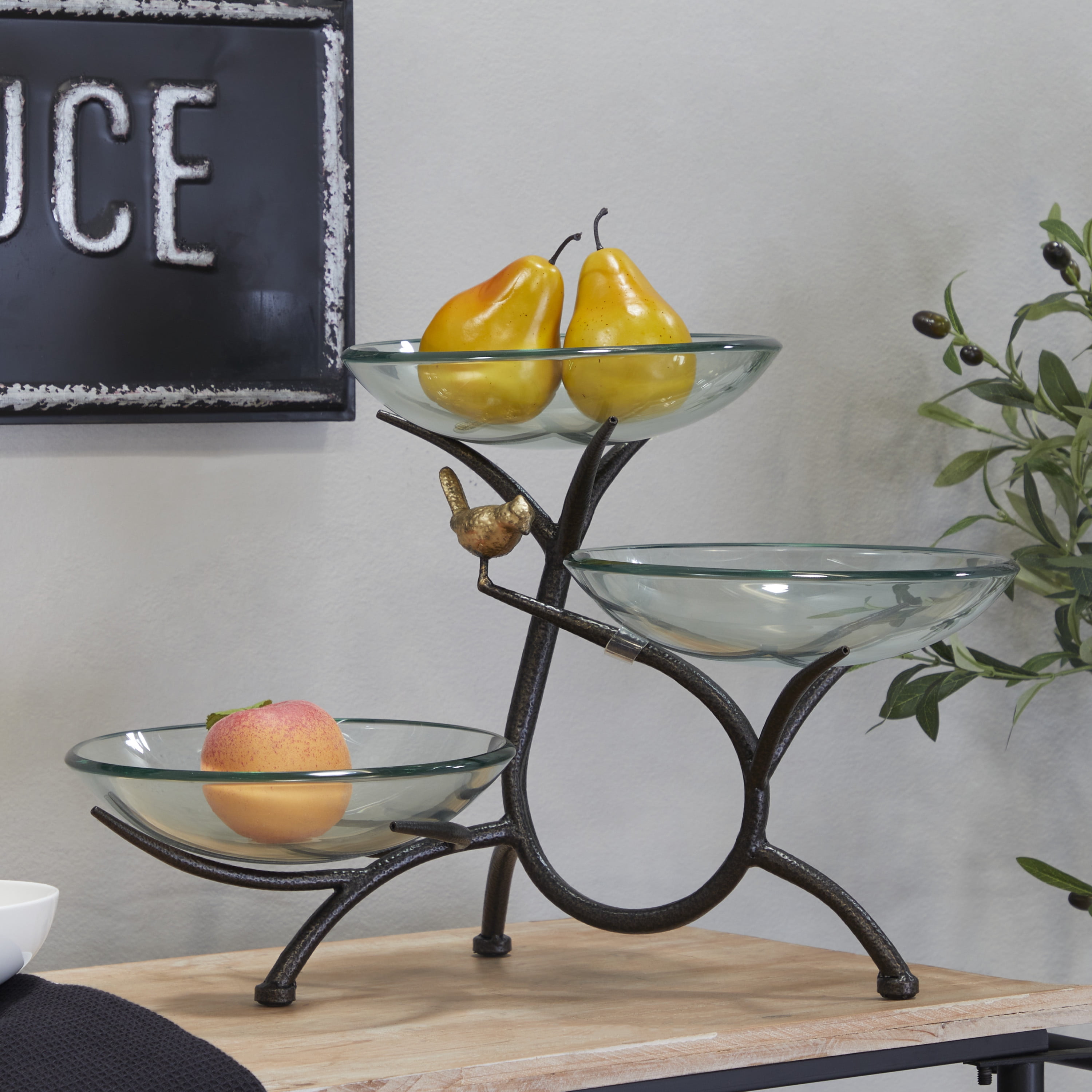 DecMode 20" x 14" Clear Glass Kitchen 3 Tiered Serving Bowl with Black Metal Branch Stand, 1-Piece