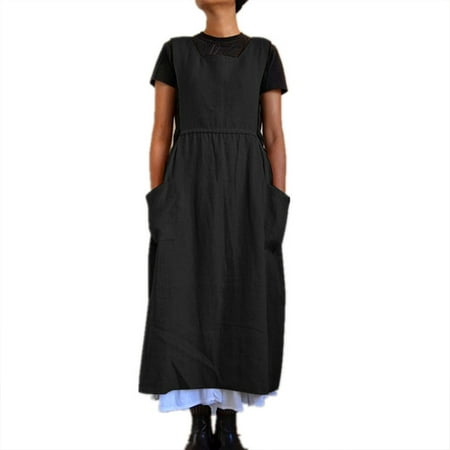 

Women Dress Casual Loose Solid Pinafore Long Straps Apron Cotton Linen Overall Dresses with Pockets