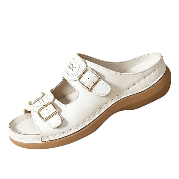 Hurxie Womens Wedge Sandals Leather, Comfortable Slip On Slides Dressy, Orthopedic Sandals for Women, Open Toe Casua Arch Support Platform ladies Sandal White 6.5