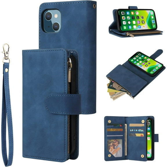 Wallet Case for iPhone 13 6.1 inch, Premium Vintage PU Leather Magnetic Closure Handbag Zipper Pocket Case Kickstand Card Holder Slots with Wrist Strap TPU Shockproof Flip Case - Blue