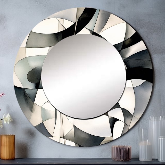 Designart "Neutral Abstract Expression XIII" Modern Geometric Rund Mirror For Wall Decor - Large Black Round Print Mirror - Round Modern Mirror 36" x 36" Inch - Wall Mounted Round Large Mirror