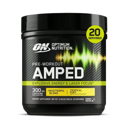 Optimum Nutrition, Pre-Workout Amped Powder, Tropical Fury, High Stim, Sugar-Free, Caffeine, 20 Servings