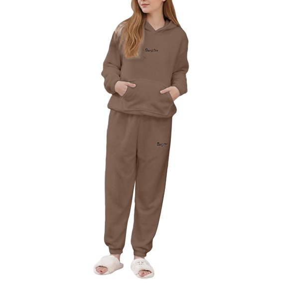 ZHOGXU Womens Winter Warm Pajama Sets Hoodie Long Sleeve Top With Pocket And Long Pant 2PCS Loungewear Loose Casual,Khaki,L