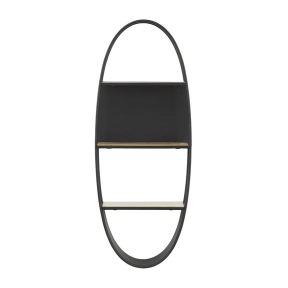 DecMode 16" x 6" Oval 2-Tier Black Wall Shelf with Wood Accents