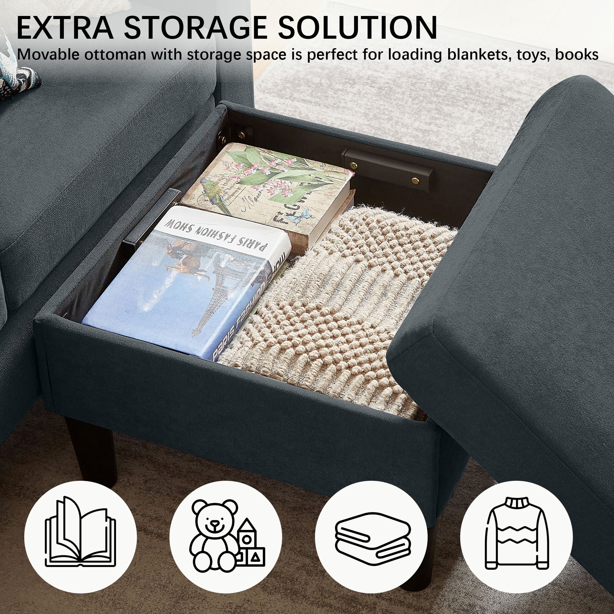 Tornama Linen Small L Shaped 3-Seat Convertible Sectional Sofa, Dark Gray