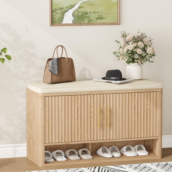Natural Oak Shoe Storage Bench with Adjustable Shelves & Cushion