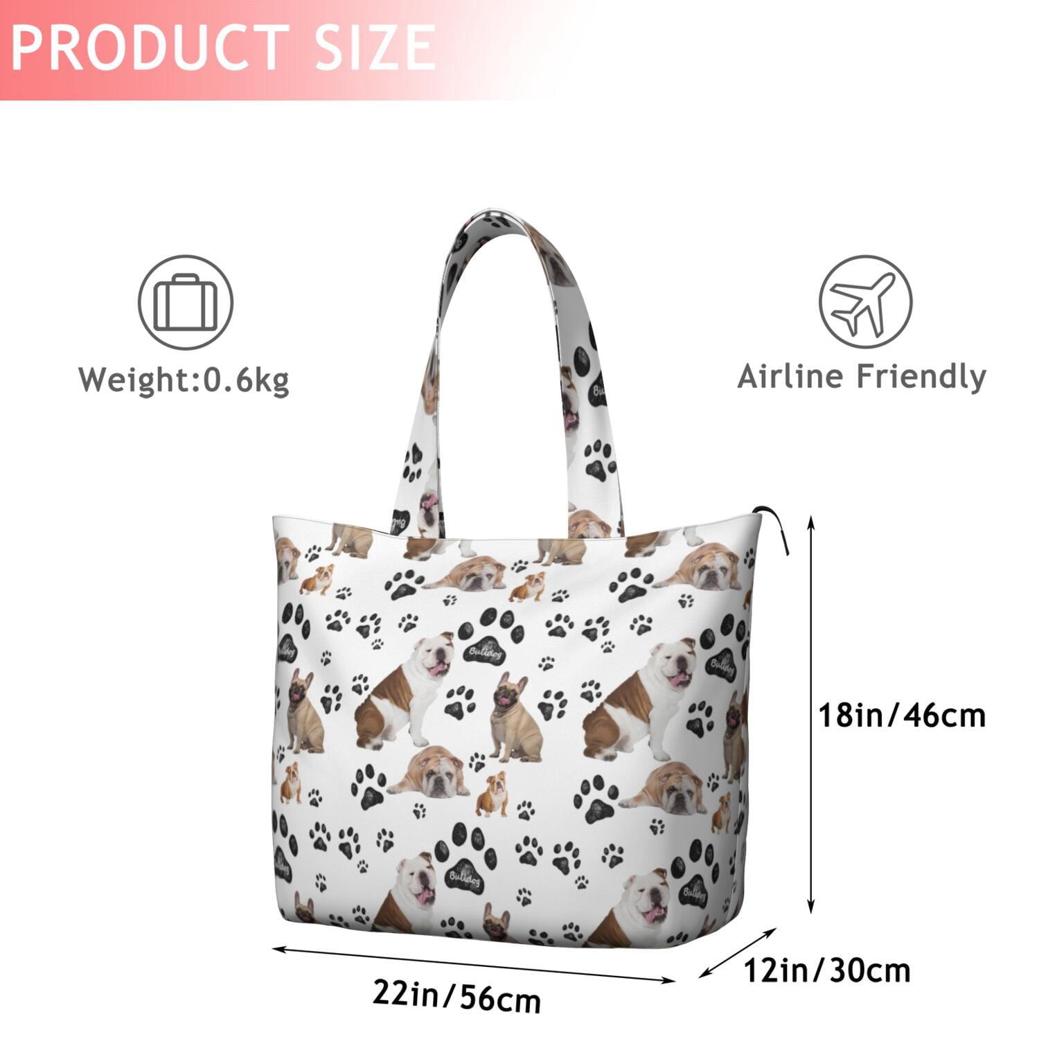 Bulldog Dog and Footprints Travel Tote Bags for Women Carry On,Large Weekender Bags for Women Travel,Multi Functional Duffle Bag for Work,Shopping,Sports