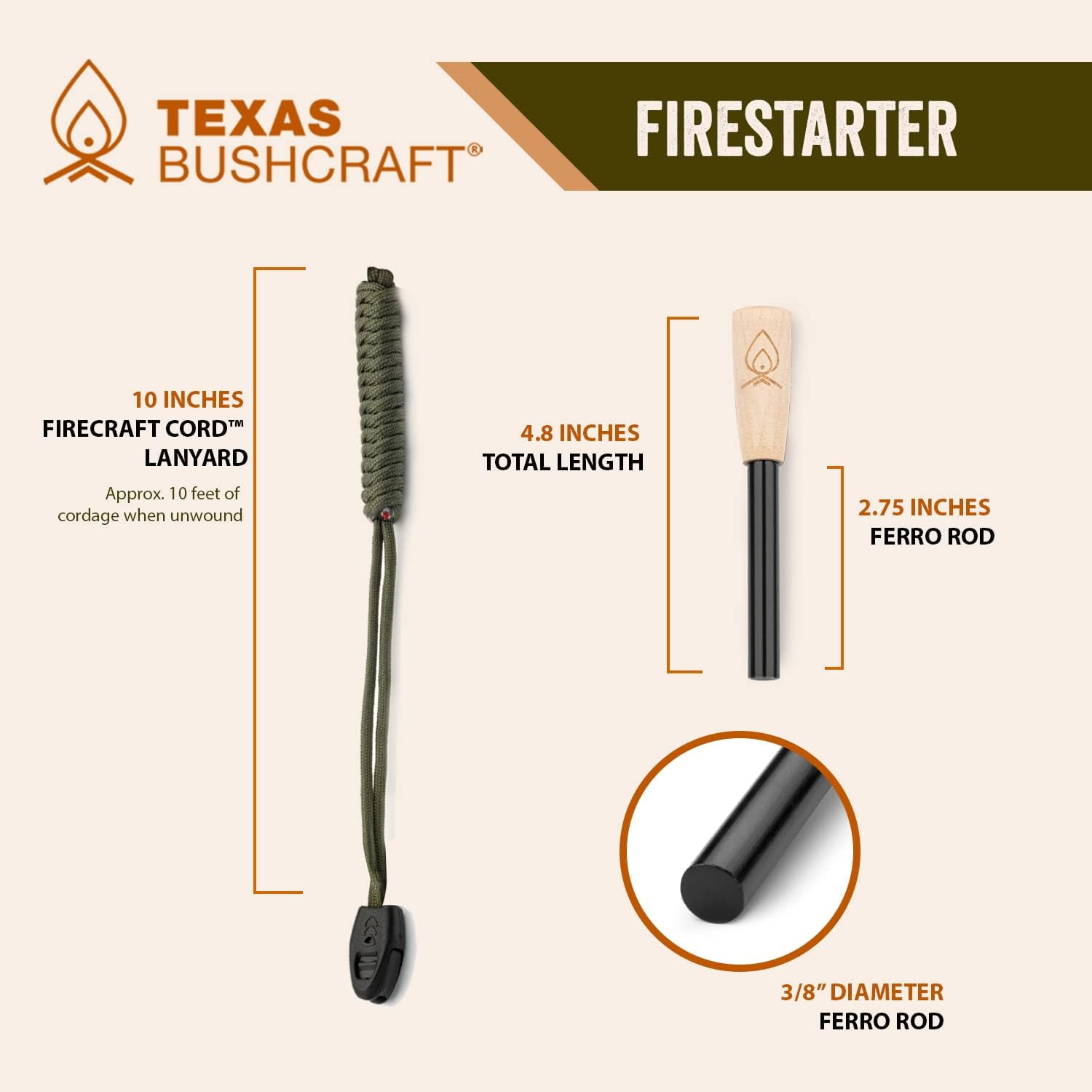 Fire Starter - 3/8" Thick Ferro Rod with Striker and Paracord Wrist Lanyard – Waterproof Flint Fire Steel Survival Lighter for Your Camping, Hiking and Backpacking Gear