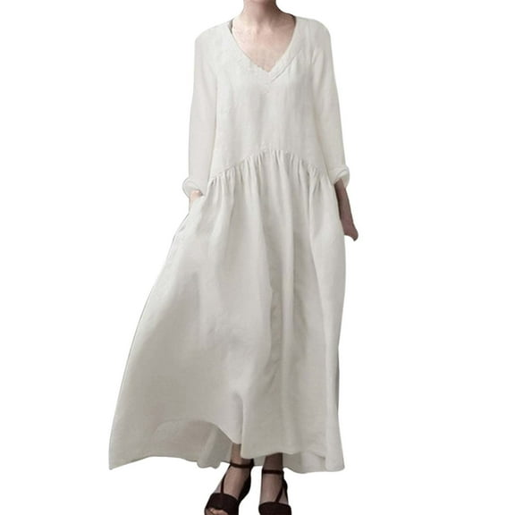 Women's Elegant Long Sleeve V Neck Linen Maxi Dress Stylish Vest Design Comfortable Casual Summer Outfit