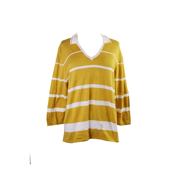 Anne Klein Womens Yellow 3/4-Sleeve Striped Cotton Sweater S