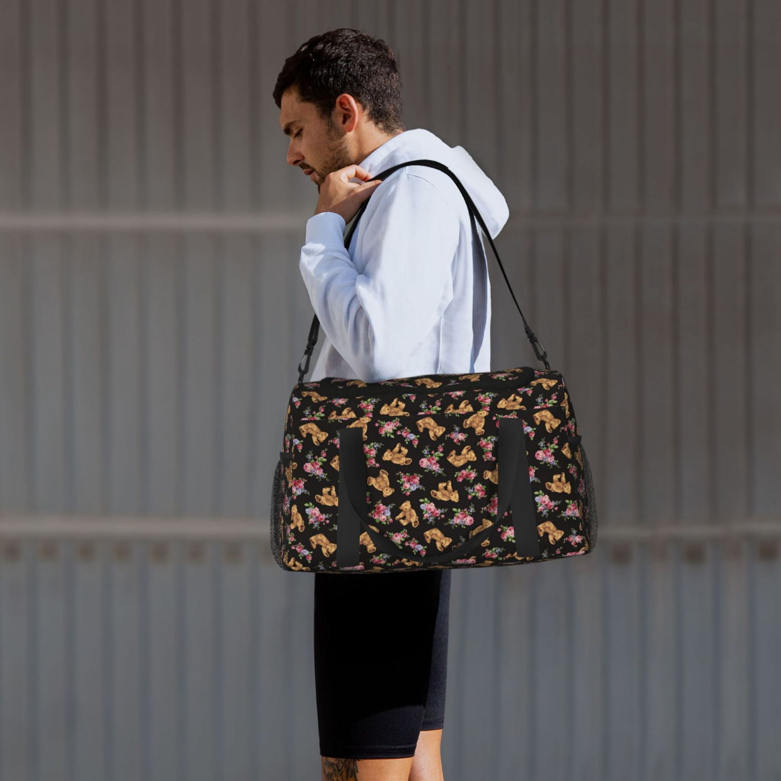 Fuzoiu Rose Flower Bear Print Travel Duffle Bag,Carry On Tote Bags,Duffel Bag,Sport Gym Bag, Hospital Bag for Labor and Delivery, Overnight Bag,Luggage Bag
