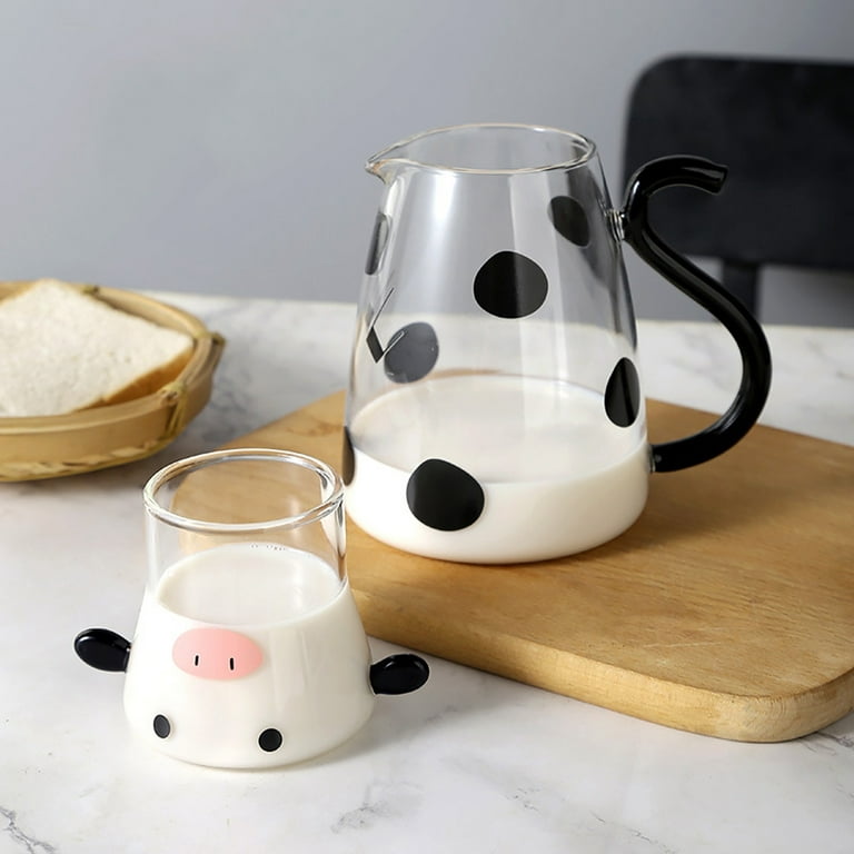 Jlong 1 Set Glass Carafe Pitcher with Glass Mug Cute Cow Glass Tea Pitcher  Kettle Milk Jug Night Water Carafe for Midnight Drink Home Office Hotel 