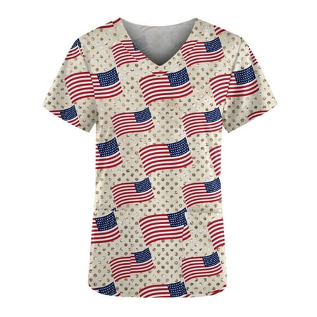 

Women s Scrub Top Fashion Short Sleeve V-Neck Working Uniform Tops Fashion Printing Nurse Blouses with Pockets
