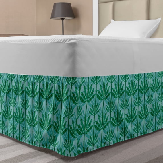 Tree Bed Skirt, Exotic Pattern of Banana Leaves Tropical Summer Modern Image, Elastic Bedskirt Dust Ruffle Wrap Around for Bedding Decor, 4 Sizes, Jade Green Pale Teal, by Ambesonne
