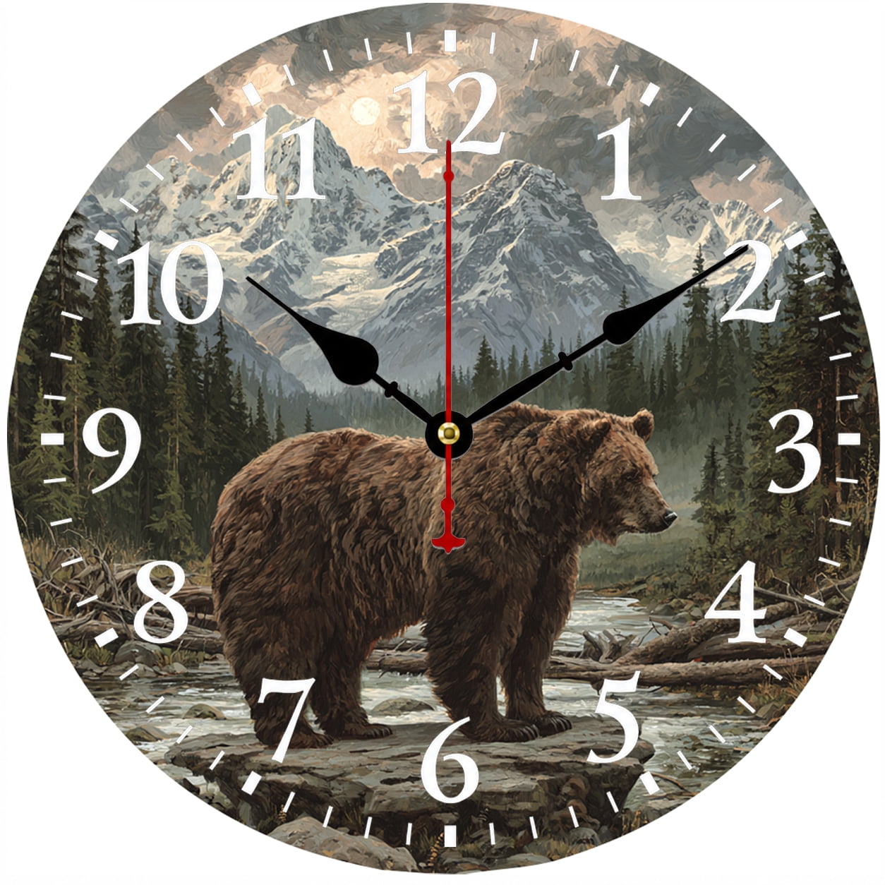 Bear Wall Clock 9.84 Inch, Rustic Mountain Wildlife Forest Analog Clock, Battery Operated Decorative Wall Clock for Cabin Lodge Living Room Bedroom Kitchen Office