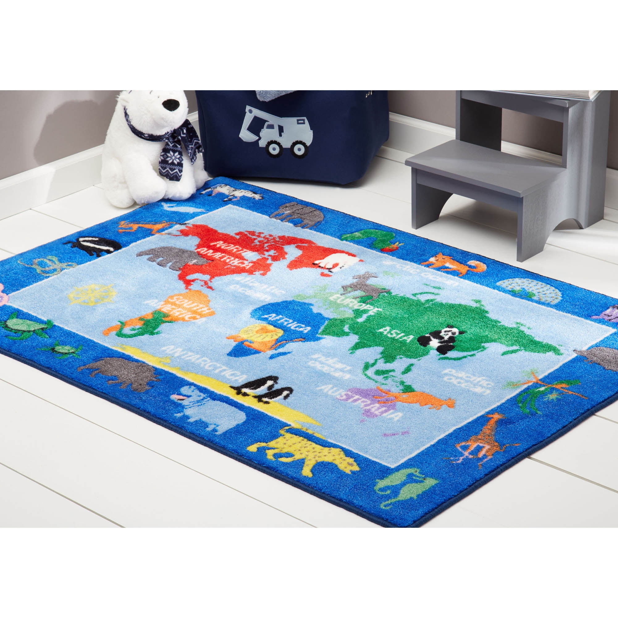 Eric Carle Elementary World Map Kids Area Rug Blue/Red, 35"x51" Rectangle