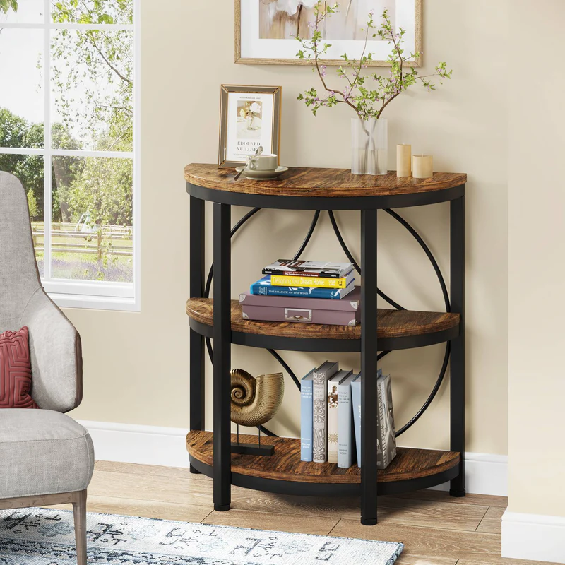 MAYEERTY 3-Tier Half-Round Side Table, Rustic Brown & Black Metal End Table