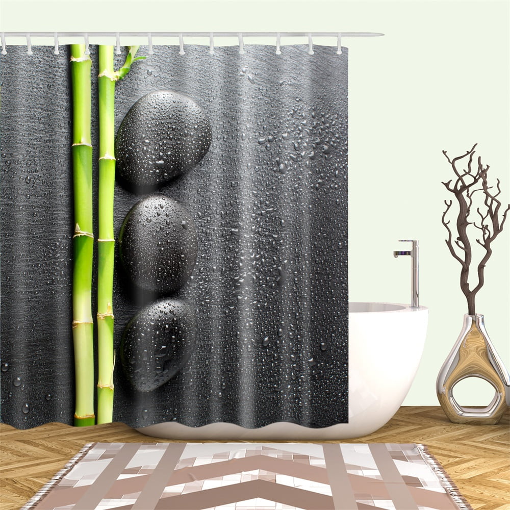 Black Fabric Shower Curtain Set With Hooks Black Stones Waterdrop