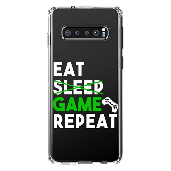 DistinctInk Clear Shockproof Hybrid Case for Samsung Galaxy S10  PLUS (6.4" Screen) - TPU Bumper Acrylic Back Tempered Glass Screen Protector - Eat Game Repeat - Video Games Gamer