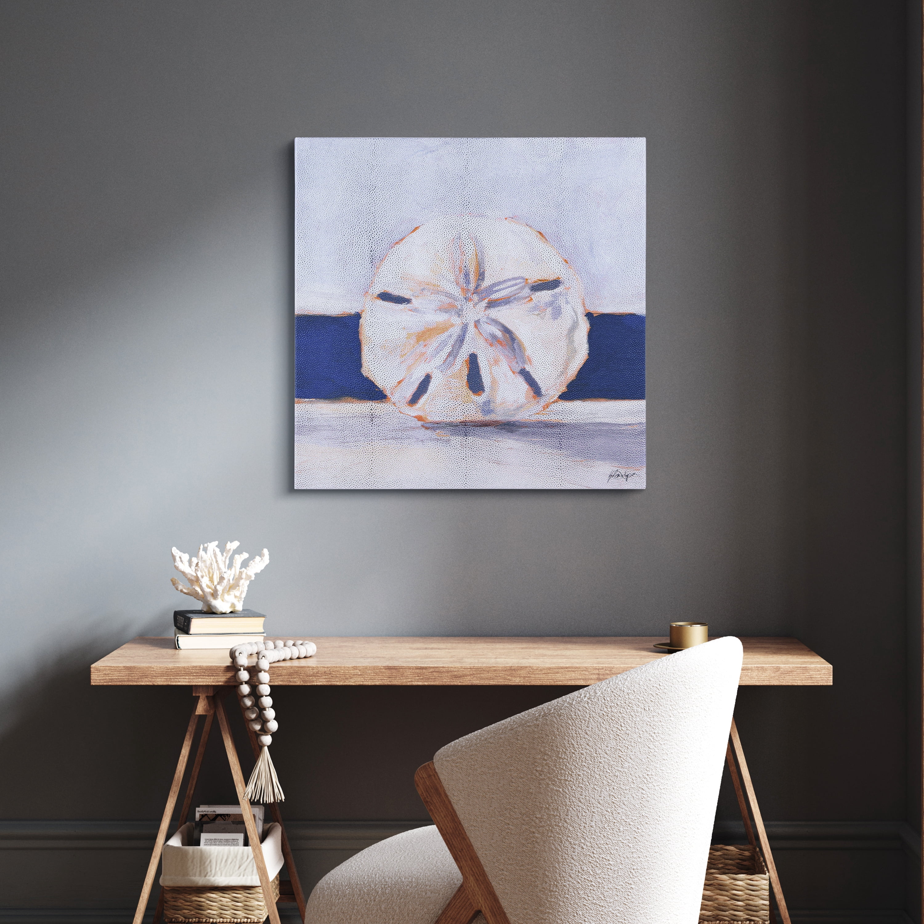 "Coastal Serenity I", Sand Dollar Rendered on Silver Metallic Shagreen Wrapped Canvas Wall Art, sized 22"x22"