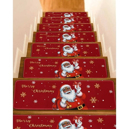 Red Santa Christmas Stair Treads for Wooden Steps Indoor Runner Rug Carpet Gifts Xmas Snowflake Winter White 7 Pieces Peel and Stick Staircase Step Treads Covers Washable Throw Door Mats 30 x8