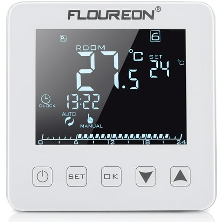 Programmable Thermostat, FLOUREON Touch Screen Electric Heating Thermostat 16A LCD Display Temperature Controller for Underfloor Heating, (Best Temperature For Electric Underfloor Heating)