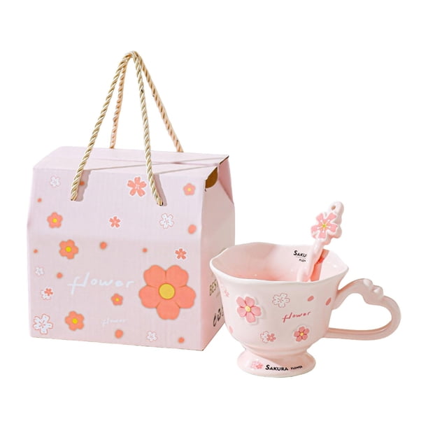Taza de café de cerámica estética para , leche, cacao, café, taza floral femenina, regalo de cumpleaños de Valentín para mujeres y niñas. Rosa