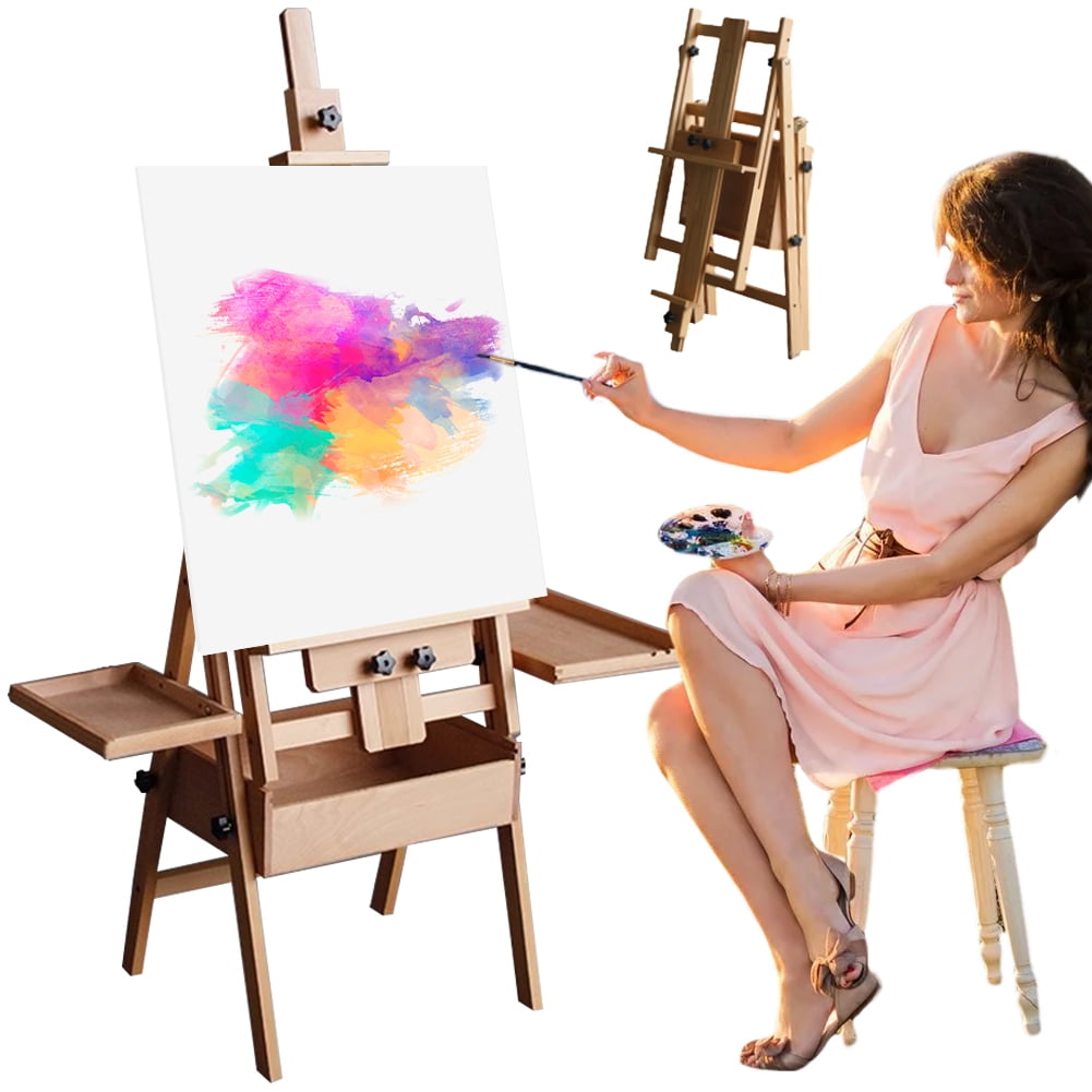 SHegdu Portable Foldable Flat Easel for Painting,Adjustable Large Painting Easel with with Drawer Tray,for Tripod Field Easel for Adults, Artists, Beginners - Natural