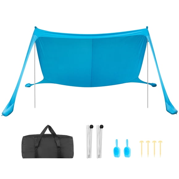 VEVOR Tente de Plage Abri Solaire, Protection Solaire UPF50+, 6,6 Pi de Hauteur, 11 x 11 Pi, Auvent de Plage à Déploiement Facile avec Sacs de Sable, Mâtx de Stabilité, Pelles à Sable, Ombre Portable pour Sorties en Famille, Camping, Pêche