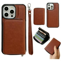 Allytechgroup for iPhone 13 Pro Wallet Case Card Holder, PU Leather Phone Case Women Men Protective Cover Wrist Strap Zipper Credit Card Slots For iPhone 13 Pro, Brown