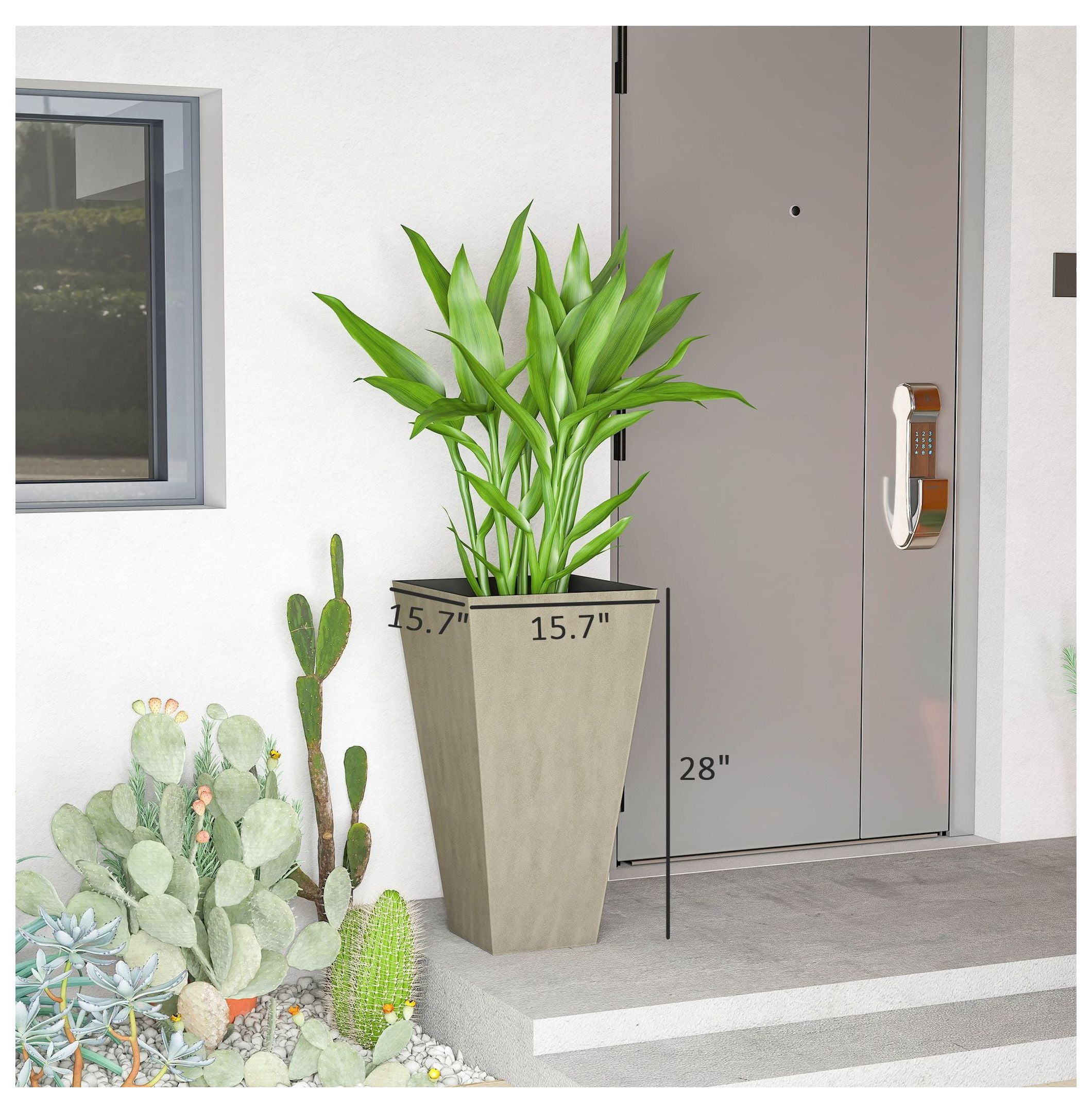 3 x 28" Tall Plastic Planters with Drainage, Outdoor Flower Pots, Indoor Plant Containers for Patio, Deck, Gray