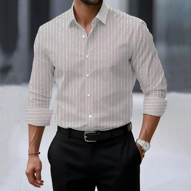 Blusa y camisa de manga larga con cuello alto para hombre, cárdigan informal con botones y rayas, camisa de manga larga con cuello alto, blusas de poliéster para hombre