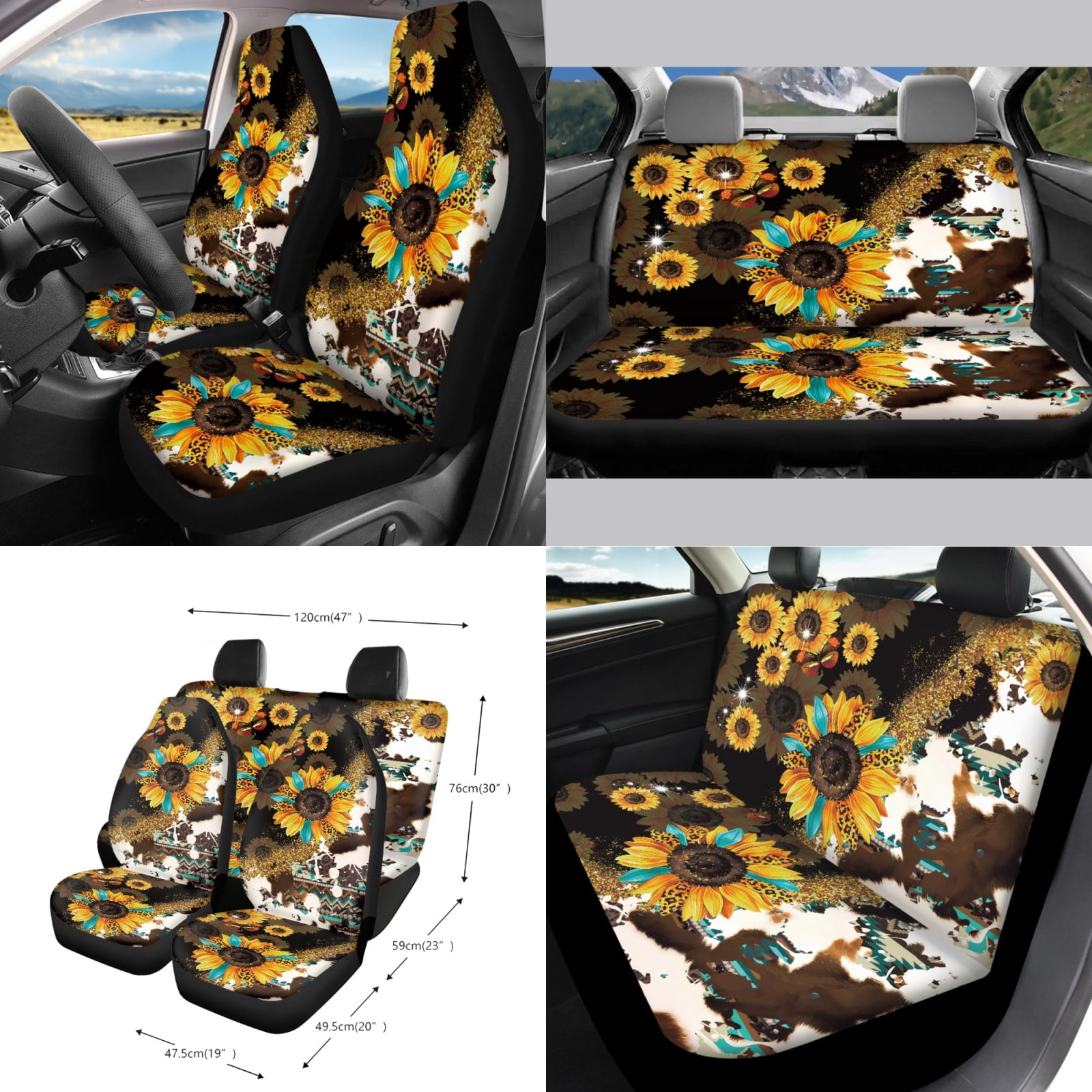 Garronmavis Aztec Sunflower 15 Pack Car Accessories Sets 4 Pieces Car Seat Covers Steering Wheel Cover Keychain Car Trash Bag Car Pouch Organizer Auto Rear View Mirror Covers Car Coasters