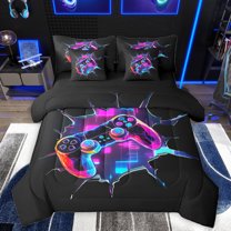 Homewish Cartoon Game Console Bedding Comforter Set, Modern Video Game Player King Bedding Sets, Teens Kids Boys Girls Reversible Bed Sheets, Microfiber Bedroom Decor
