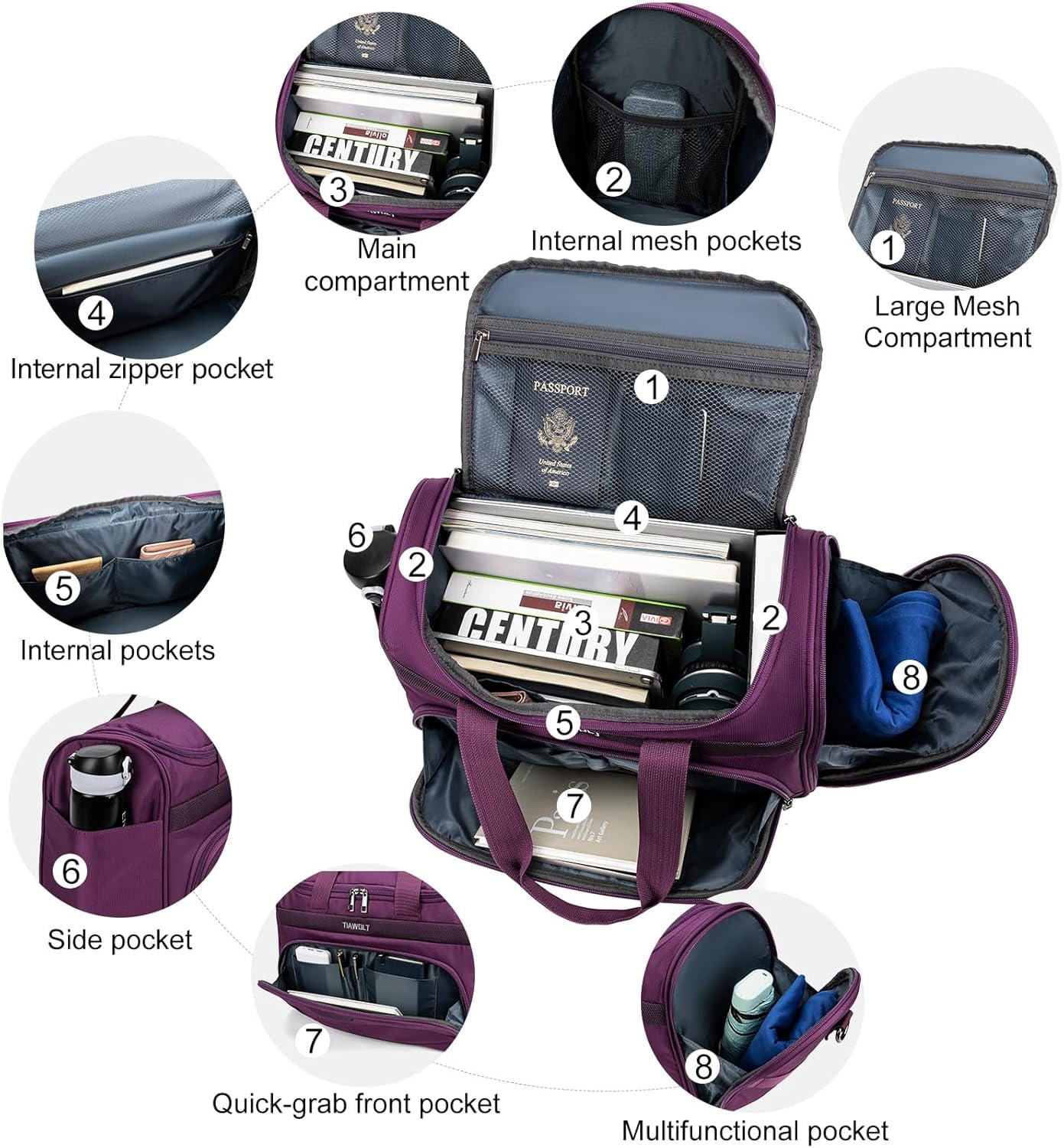 TIAWOLT Underseat Carry On luggage Bags for Travel Foldable Duffle Bag for Travel, Softside Lightweight Travel Bag Carry On Bags for Airplanes Women, Travel Tote Bags for Women Men,Purple