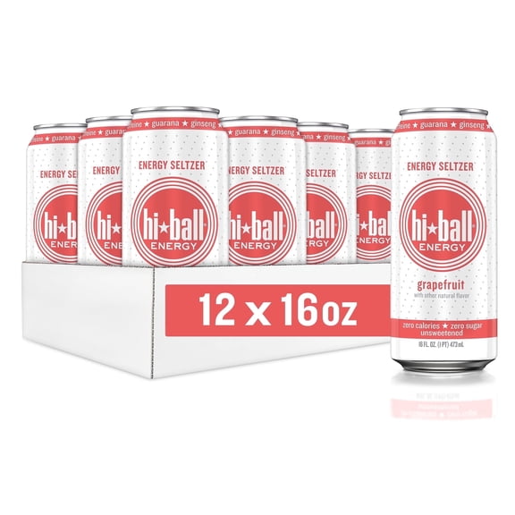 Hiball Clean Energy Drink, Zero Sugar Caffeinated Seltzer Water, Grapefruit, 16 Fl Oz, 12 Pack